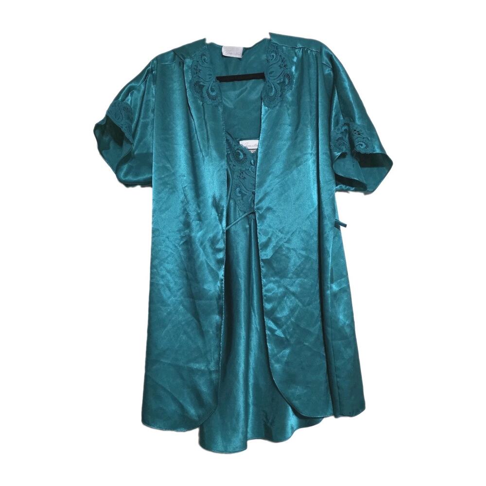 Vintage 90s Slip Dress Robe Set Womens S Teal Lace Trim Nightgown Chemise Bridal